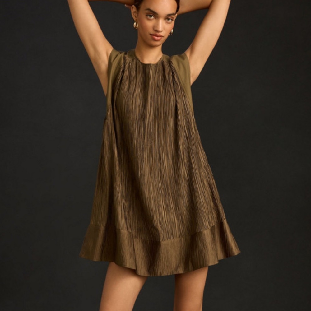Anthropologie Khaki Pleated Mini Dress